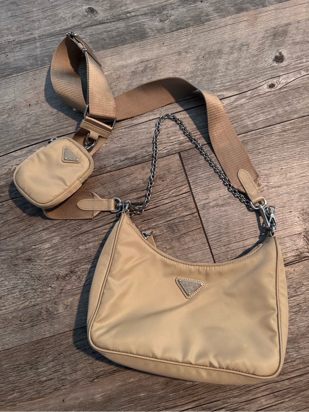 Prada re edition Beige Nylon Shoulder Bag with Chain and Detachable Strap